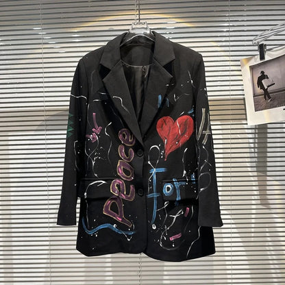 Spring Summer New Fashion Trend Blazer Lapel Single-breasted Printing Temperament Loose Coat Women