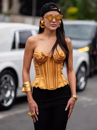 Ruched Design Satin Corset Tight fishbone Top Solid Ladies Strapless Folds Bustier Tank Summer Sexy Tops