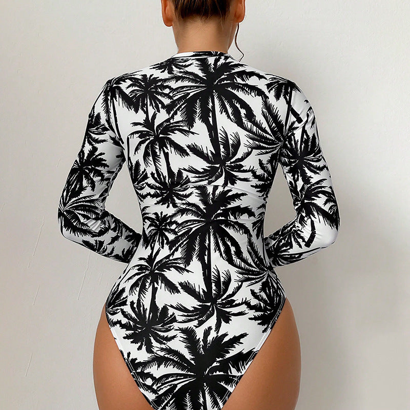 Printed  Long Sleeve Zipper Conservative Belly Coverage One-Piece Swimwear