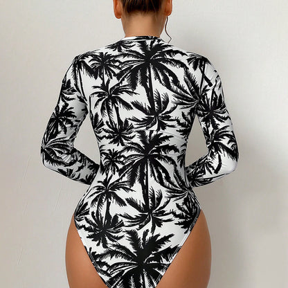 Printed  Long Sleeve Zipper Conservative Belly Coverage One-Piece Swimwear