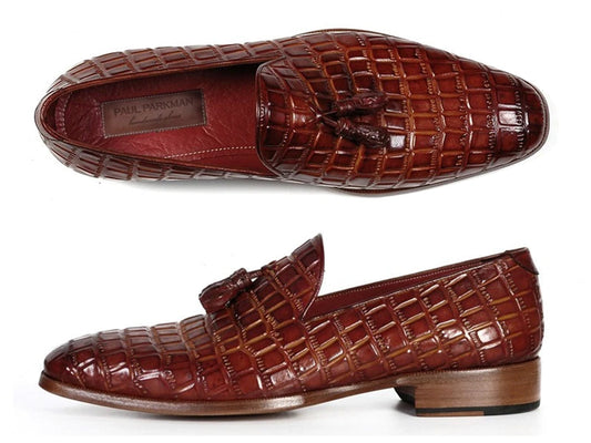 Paul Parkman Brown Crocodile Embossed Calfskin Tassel Loafer