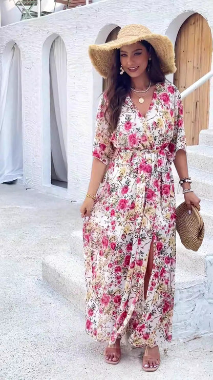 Ladies' elegant spring and summer temperament printed waist cinching dress