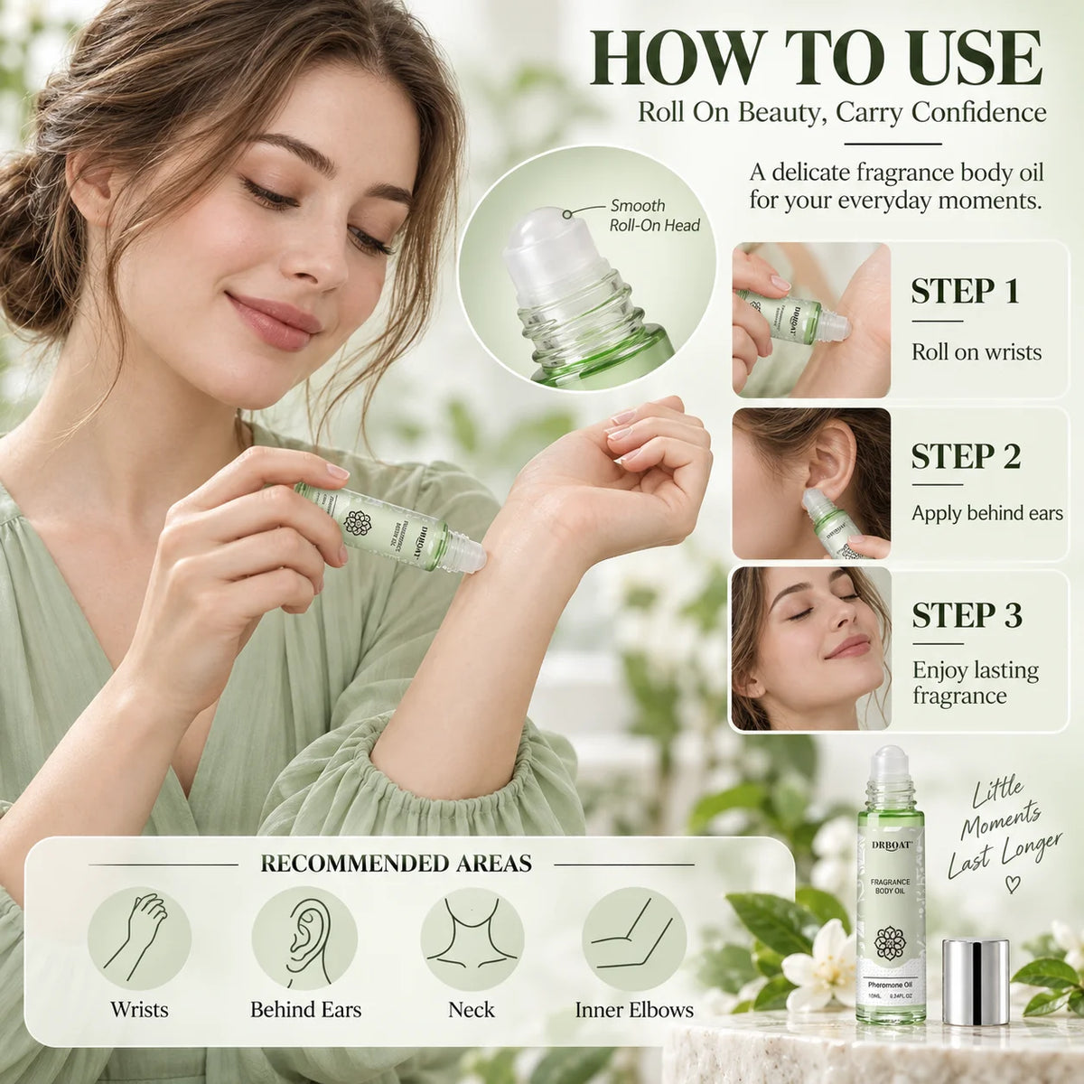Fresh Jasmine Perfume Oil Roll On for Women, Long Lasting Floral Fragrance Body Oil with Green Pear Bergamot Cedarwood Notes