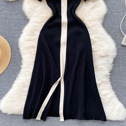 Women Summer French Style Dress Vacation V Neck Knit Temperament Ladies Solid Vacation A Line Midi Long Dresses