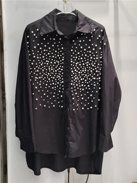 Women's Denim Shirt Loose Solid Color Full Pearls Single Breasted Female Causal Blouse Summer New Fashion
