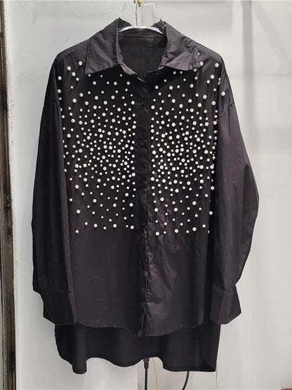 Women's Denim Shirt Loose Solid Color Full Pearls Single Breasted Female Causal Blouse Summer New Fashion