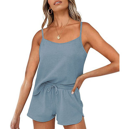Summer new ladies pure color home service suspender shorts ribbed two-piece suit hot sale