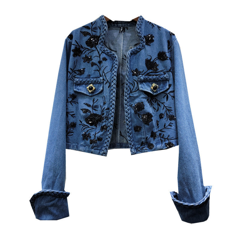 Women's Denim Coats Embroidery Sequins Flowers Buttonless Irregular Collar Twist Jackets  Summer New Fashion