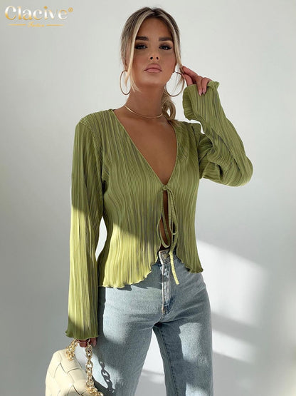 Clacive Sexy White Lace-Up Women'S Shirt Summer Bodycon Long Sleeve Blouses Ladies Fashion Pleated Top Female Clothing