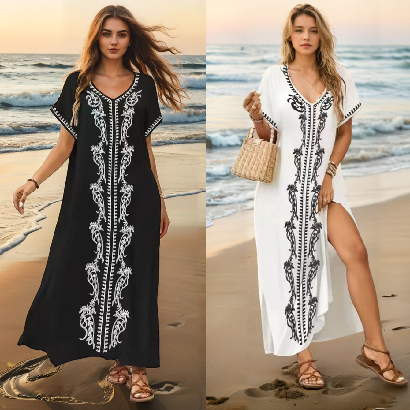 Ladies Beach Cover-Up Vintage Embroidered Rayon Long Dress Loose Maxi Dress