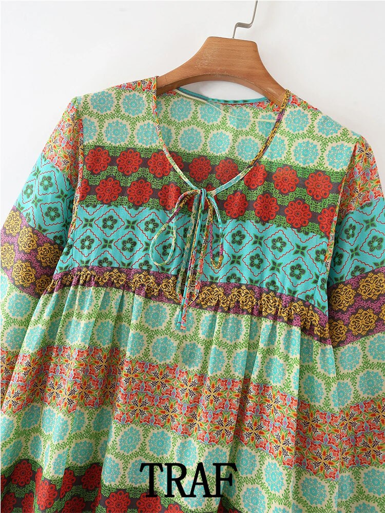 Ladies Fashion Printed Round Neck Long Dress Summer New Loose Pleated Tie Retro Long Dress
