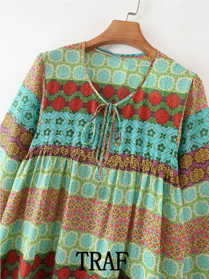 Ladies Fashion Printed Round Neck Long Dress Summer New Loose Pleated Tie Retro Long Dress