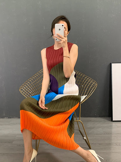 Color Block Pleated Sleeveless Dress For Women Summer Slim Fit Round Neck Mid Length Ladies Elegant Clothing