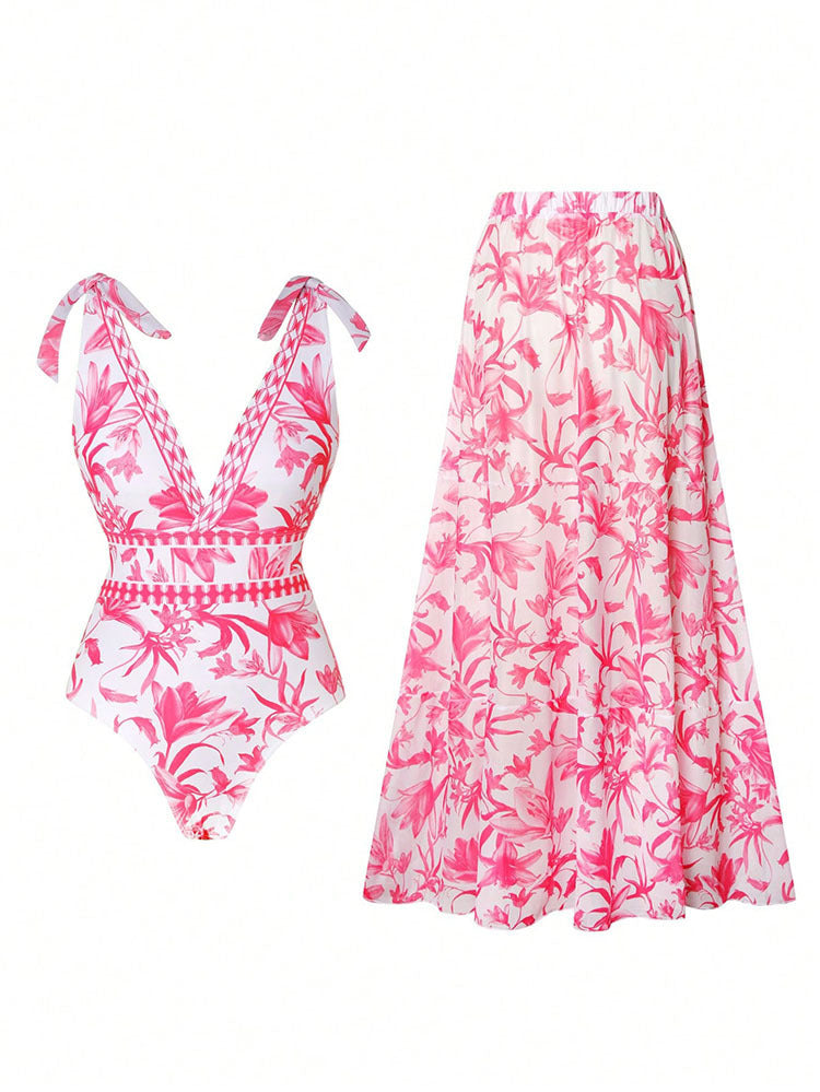 V-Neck Printed Bikini Set for Women, Two-Piece Swimwear with Beach Dress Style