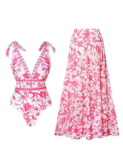 V-Neck Printed Bikini Set for Women, Two-Piece Swimwear with Beach Dress Style