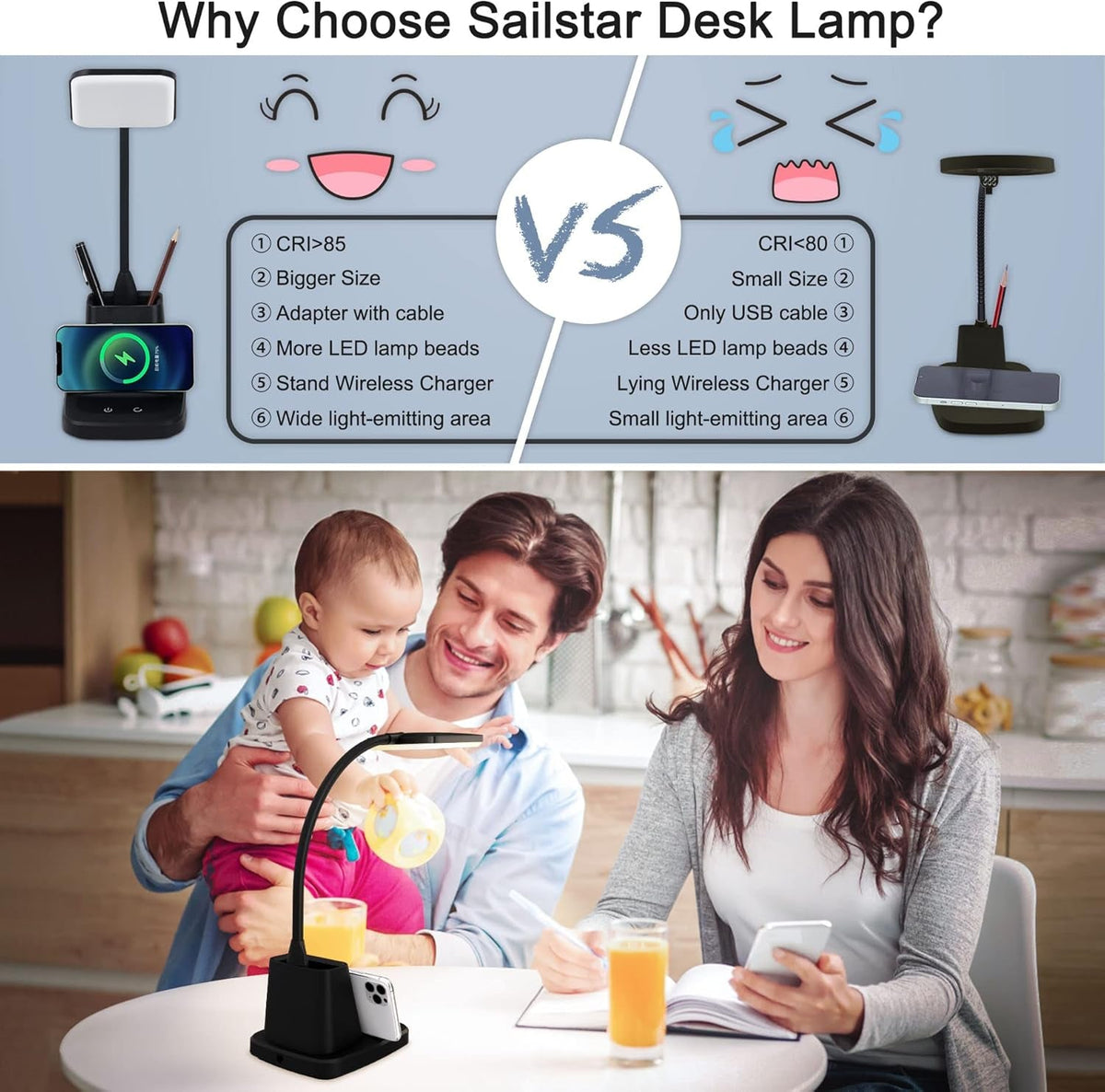 LED Desk Lamp With Wireless Charger Black For Home Office