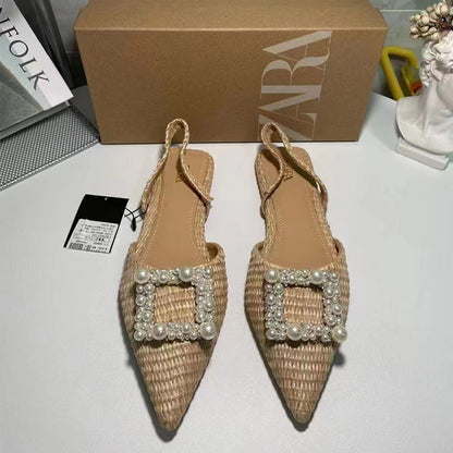 Flat Shoes Pearl Espadrilles for women Casual Slingback Rhinestone Shoes Woman Spring Summer Ladies Low heel Shoes