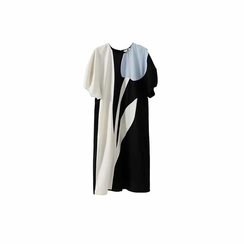 Ladies contrasting color patchwork short sleeved loose fitting dress for women's clothing with a sense of luxury