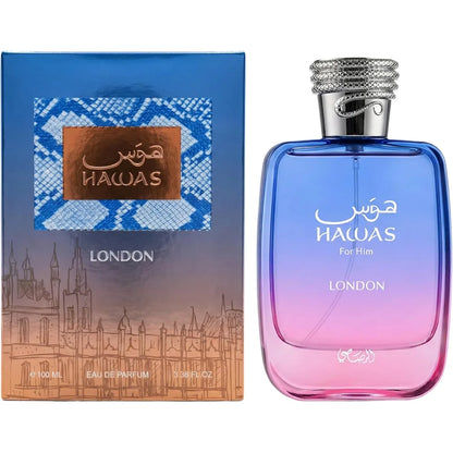 Rasasi Hawas London Eau de Parfum for Men 100ml, Spicy Pear Floral Vanilla Oriental Woody Long Lasting Mens Perfume Spray
