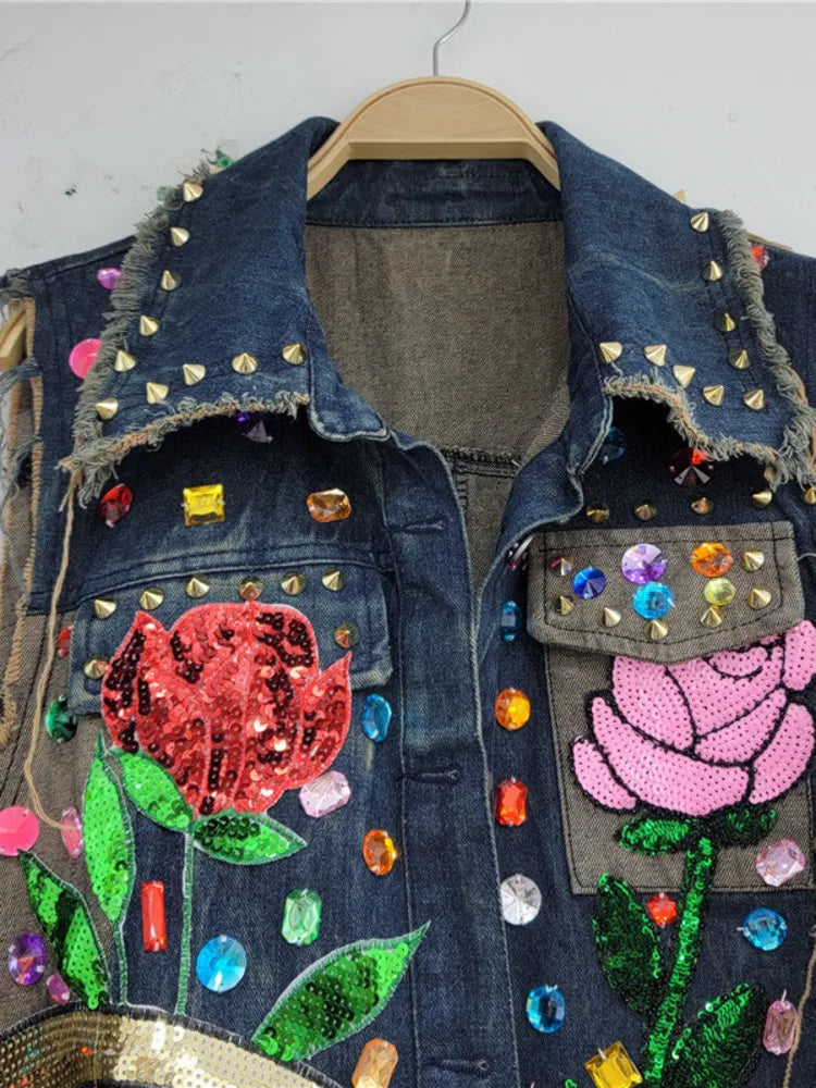 Vintage Lapel Single Breasted Sequin Diamond Flower Loose Contrasting Denim Vest Jackets Women Spring Summer