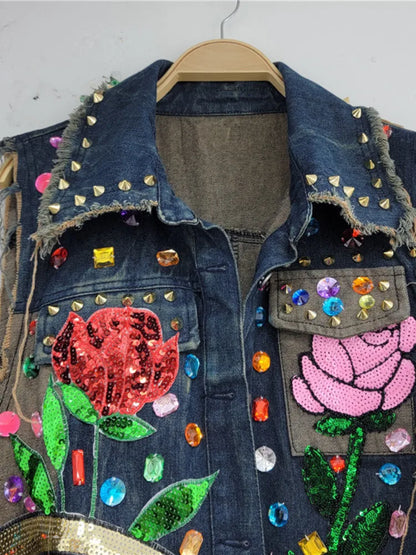 Vintage Lapel Single Breasted Sequin Diamond Flower Loose Contrasting Denim Vest Jackets Women Spring Summer