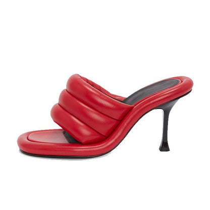 Genuine Leather Thin High Heel Slippers Women Mixed Color Open Toe Roman Style Sandals Ladies Sexy Party Dress Shoes