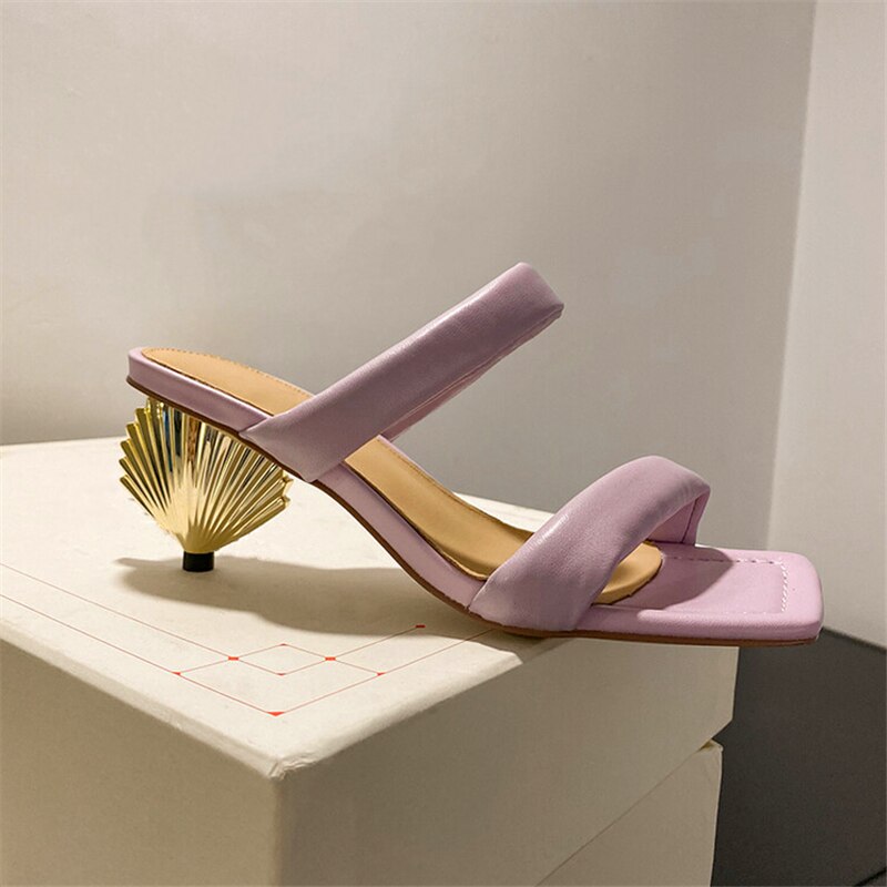 Metal Scalloped Heel Design Ladies High Heel Slippers Square toe Monster Heel Slippers Fashion Summer Party Slippers