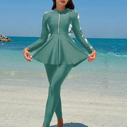 Style Printed Long Sleeve Zipper Swimwear Top for Women