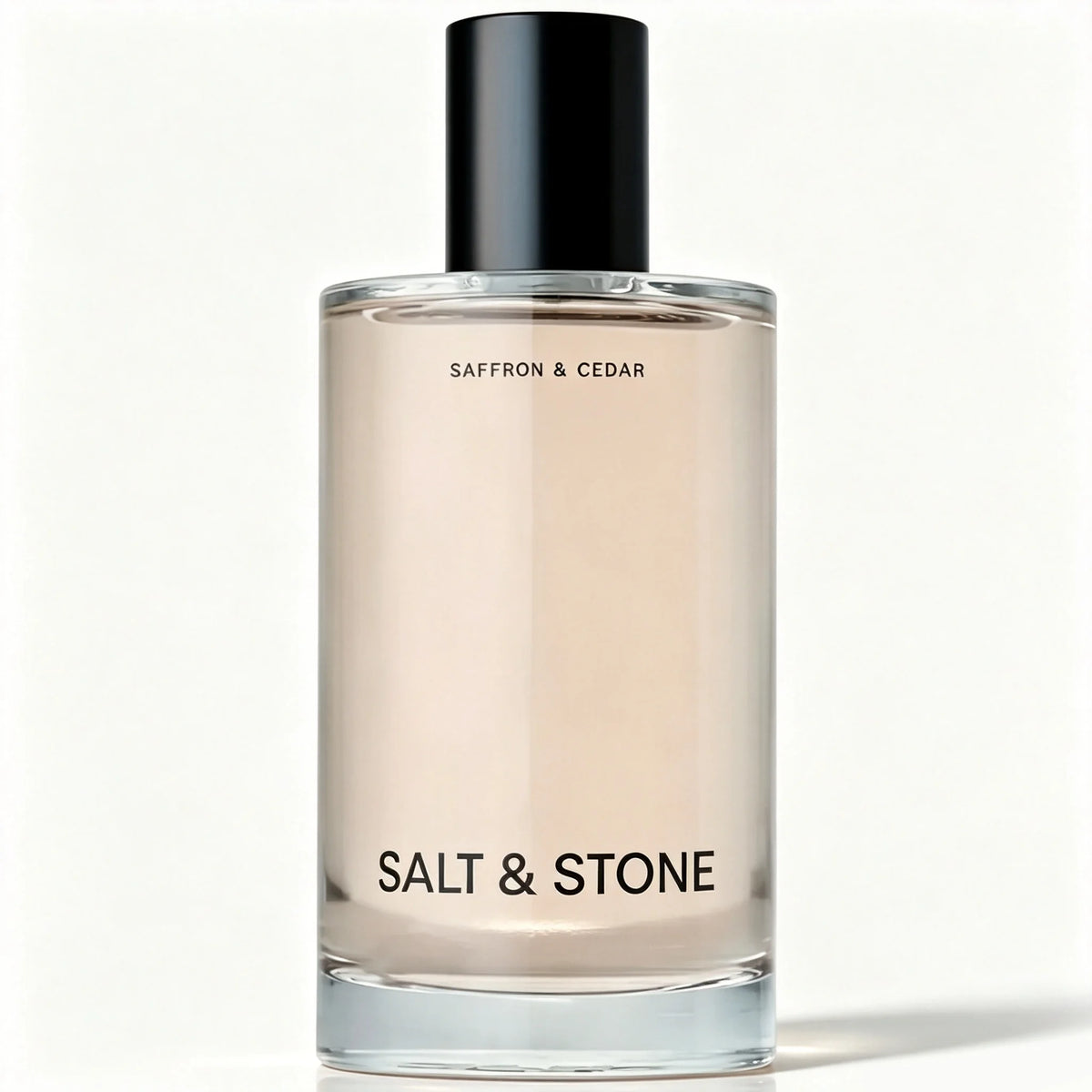 Long-Lasting Saffron & Cedar Unisex Perfume: Salt & Stone, Warm Woody Spicy Scent, Tall Clear Glass Bottle with Matte Black Cap, Minimalist Fragrance for Men and Women, 100ml