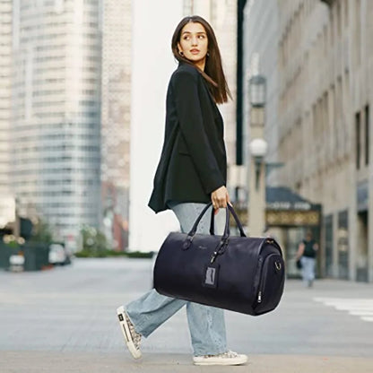 Women Convertible Leather Garment Bag with Shoulder Strap, PU Leather Garment Duffel Bag Carry on 2 in 1 Hanging Suitcase Suit