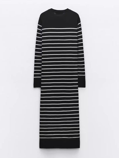 Spring Autumn New Women Long Knitted Stripe Dress Round Neck Rib Trim Long Sleeved Slim Fit Dress Ladies Trendy Casual frock