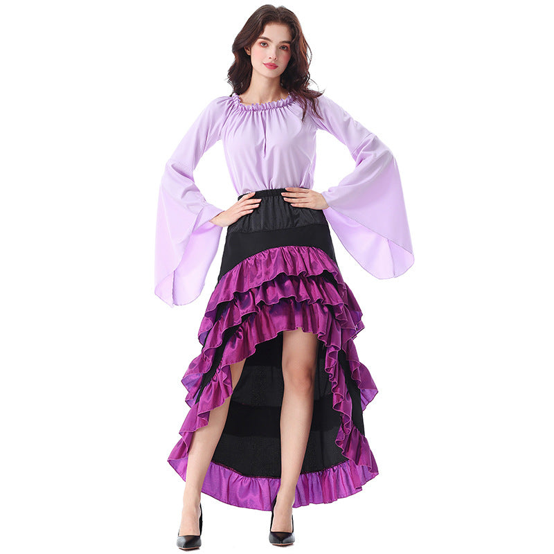 Ladies' Halloween Literary Front-Short Back-Long Ruffle Long Dress, Medieval Pirate Style Waist-Cinching Skirt