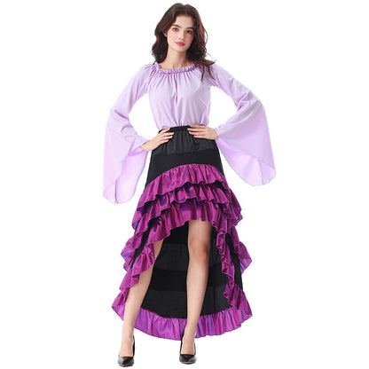 Ladies' Halloween Literary Front-Short Back-Long Ruffle Long Dress, Medieval Pirate Style Waist-Cinching Skirt