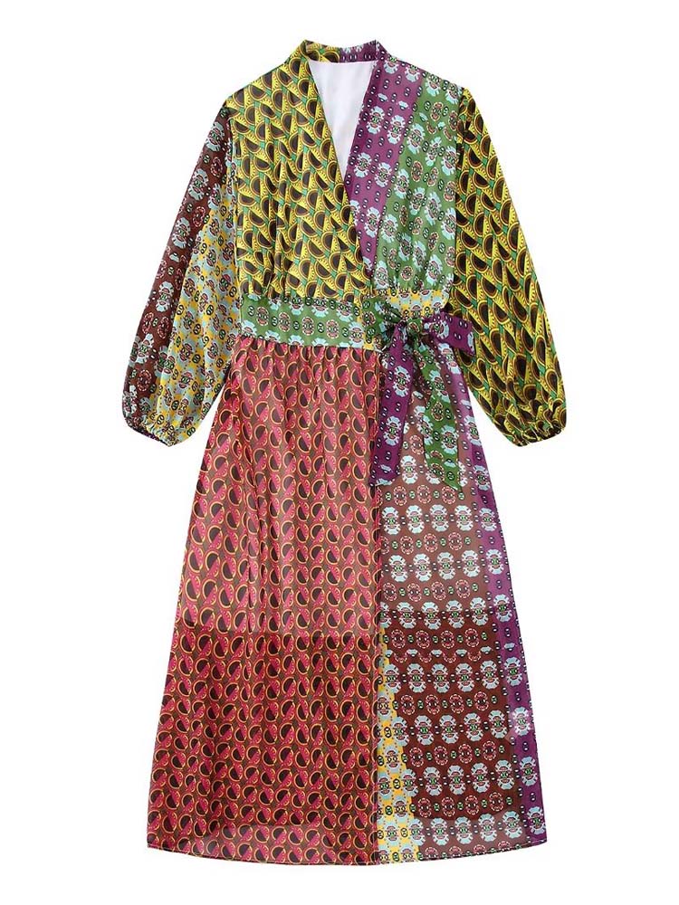 Ladies French V-Neck Colorblock Puff Sleeve Print Midi Dress