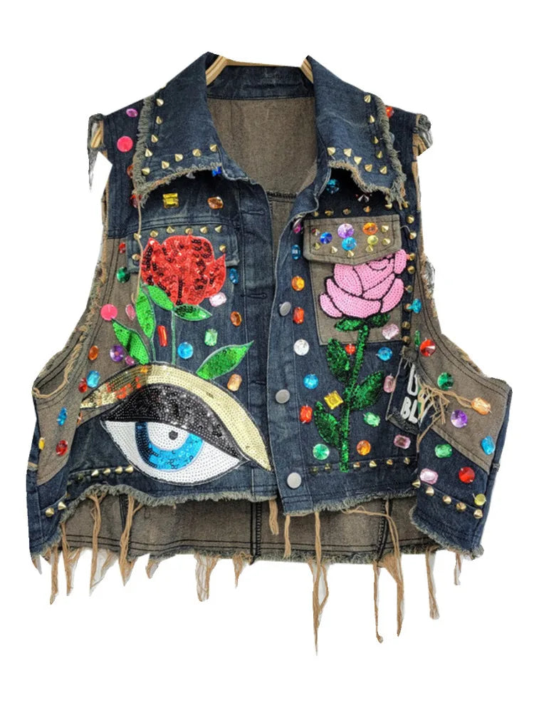Vintage Lapel Single Breasted Sequin Diamond Flower Loose Contrasting Denim Vest Jackets Women Spring Summer