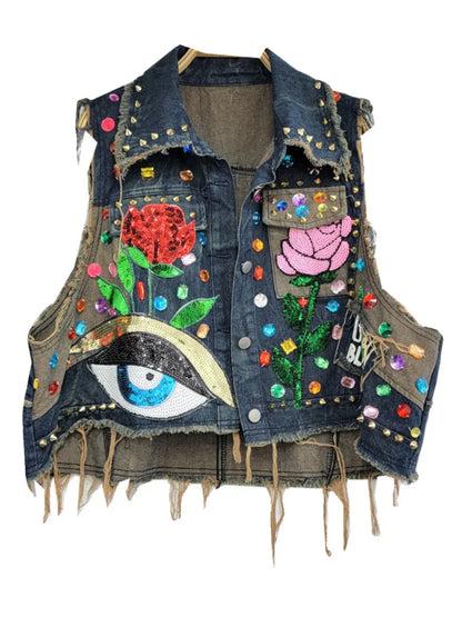 Vintage Lapel Single Breasted Sequin Diamond Flower Loose Contrasting Denim Vest Jackets Women Spring Summer