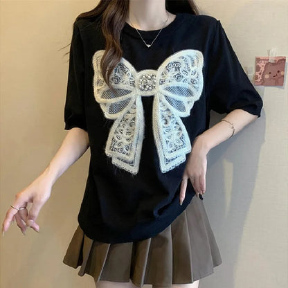 Summer Stylish Loose T-shirt Tees Women Bow Fashion Elegant Chic Ladies Tops Black Short Sleeve O-neck Tshirts Y2k Tops