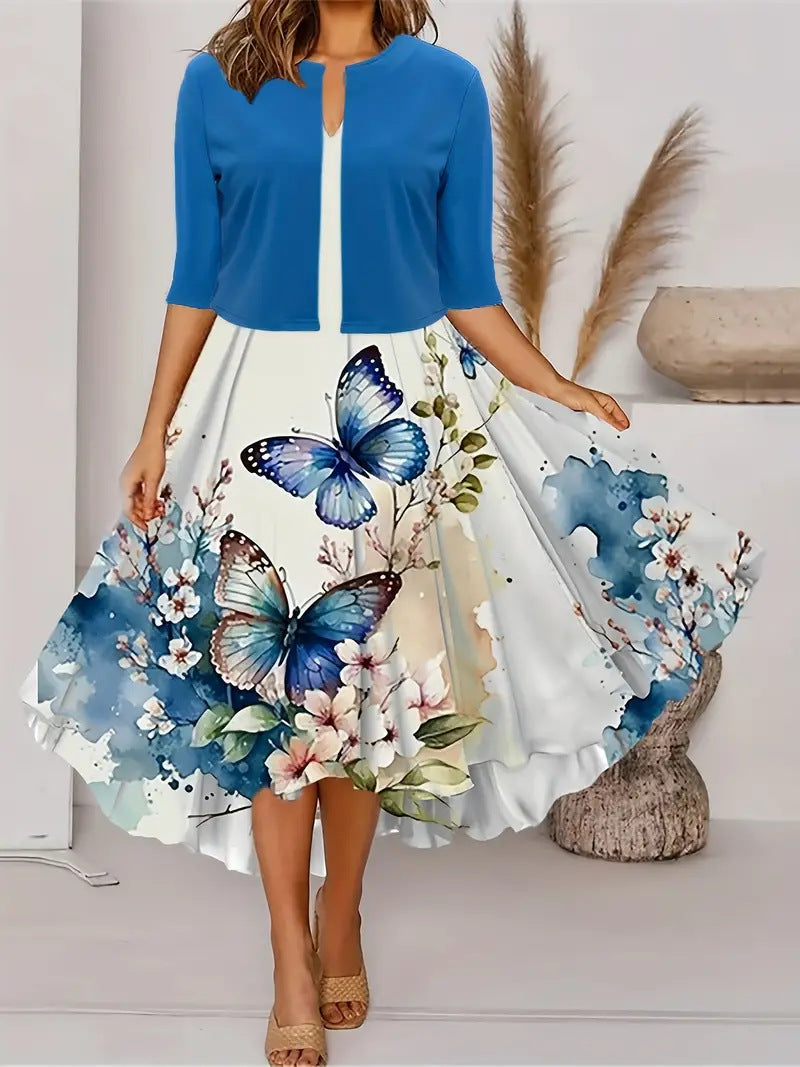 Two-piece long dress with floral and grass print, round neckline