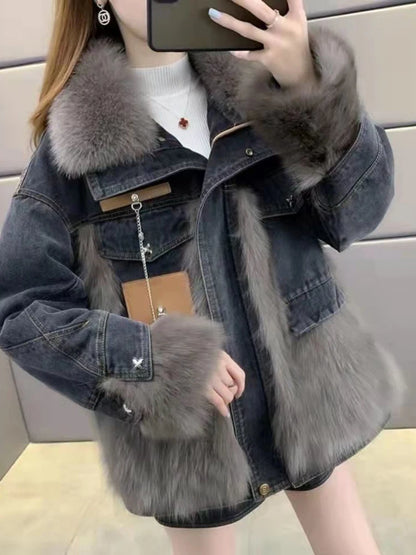 Women Winter Fashion Thick Faux Fox Fur Jackets Female Patchwork Denim Coats Ladies Long Sleeve Loose Warm Outwear
