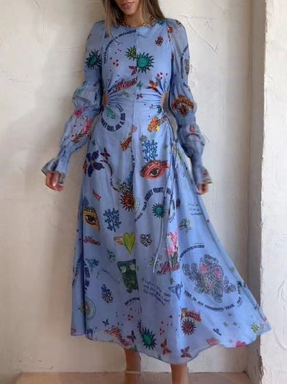 New Spring Summer Women Hollow Out Party Dress Printing Loungewear O-Neck Long Lantern Sleeve Loose Ladies Maxi Dress Streetwear