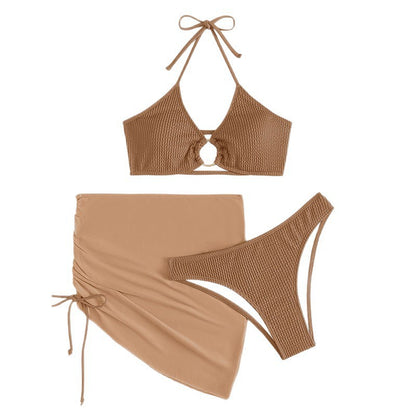 Chic Solid Color Belted Bikini Three-Piece Swimsuit for Women