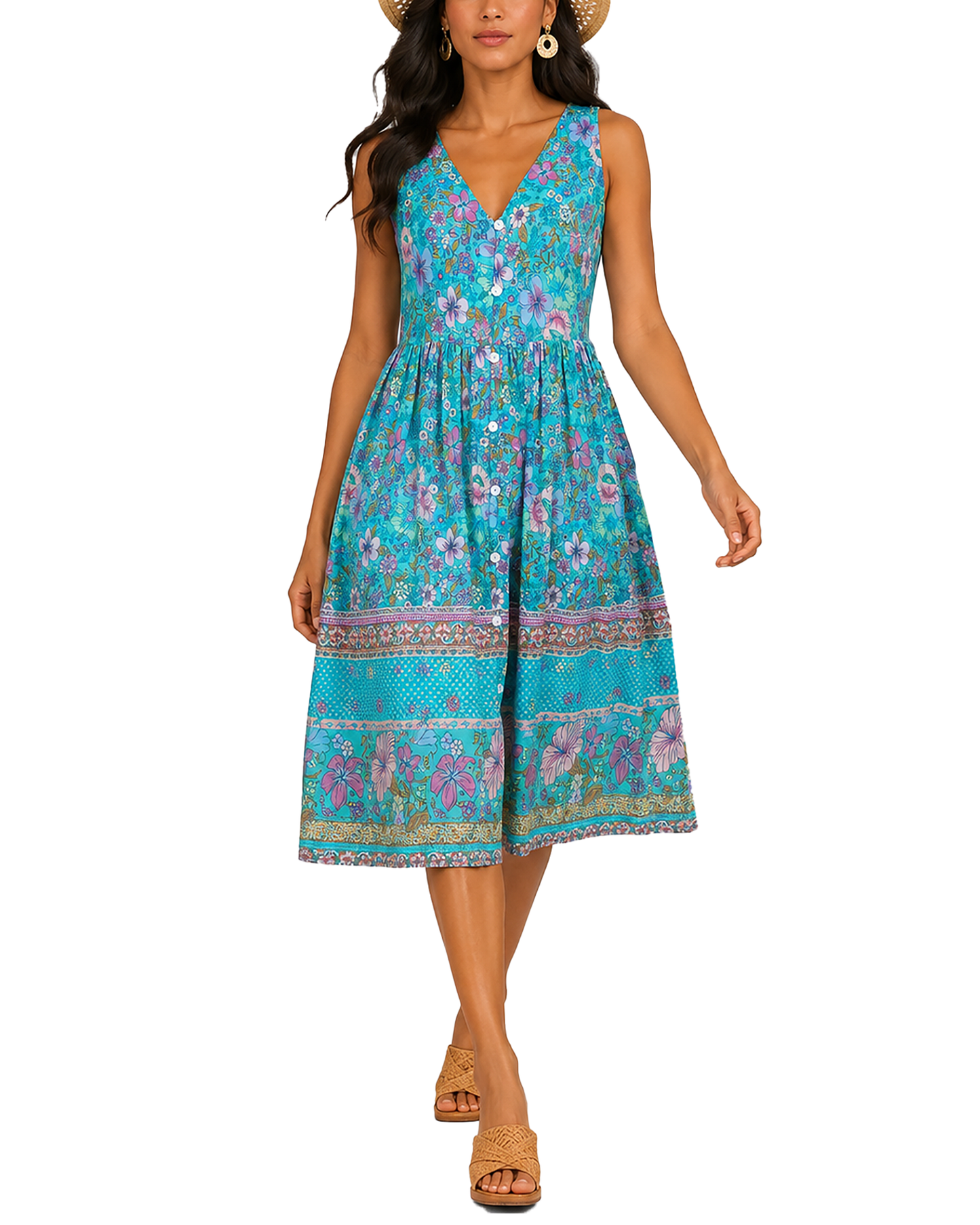 Women's Fashion Ethnic Style Blue Printed V-Neck Open Front Sleeveless Dress