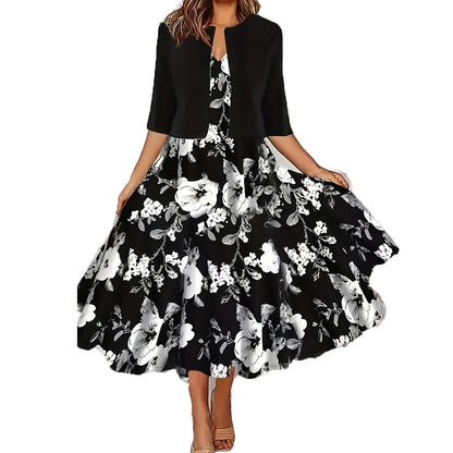 Two-piece long dress with floral and grass print, round neckline