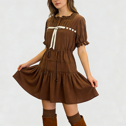 Women's fashionable French-style lace-trimmed velvet bow waist drawstring dress