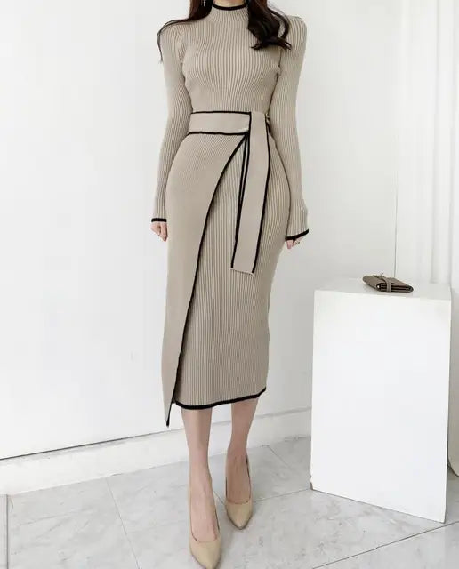Korean Elegant Knitted Women Dress Full Sleeve O-neck Belted Sweater Dresses Solid Chic Warm Fashion Ladies Vestidos