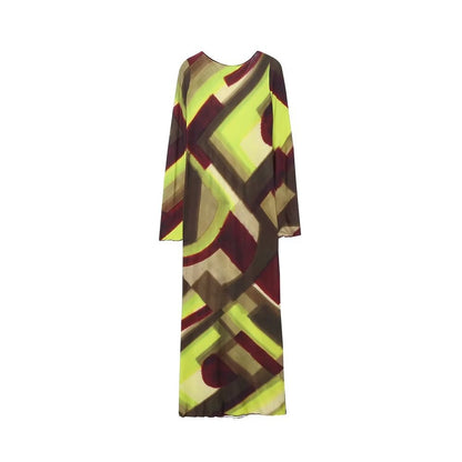 Sexy Women Fashion Printed Backless Midi Dress Ladies Vintage O Neck Long Sleeve Female Chic Dresses Vestidos Mujer