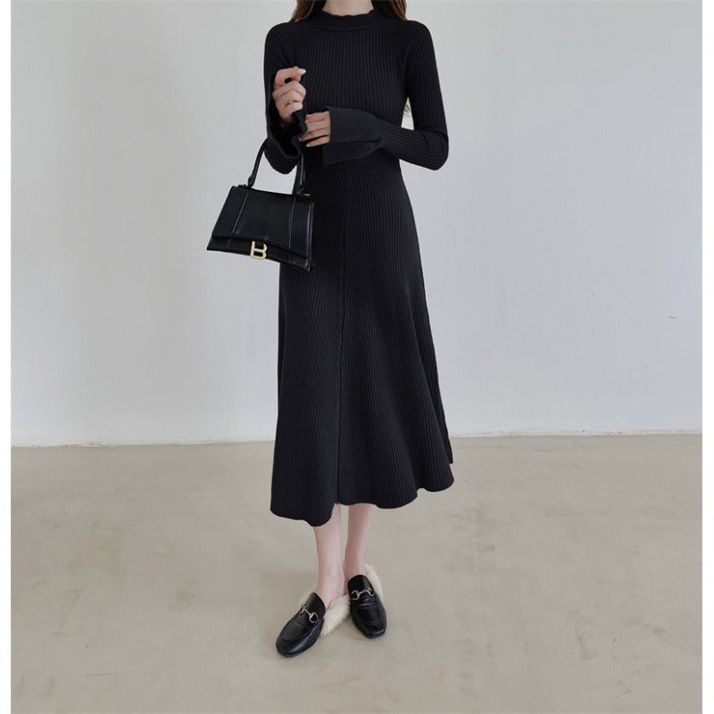 Knitted Sweater Dress Ladies Flare Long Sleeve Front And Back Two Wear Midi Dress