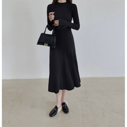 Knitted Sweater Dress Ladies Flare Long Sleeve Front And Back Two Wear Midi Dress