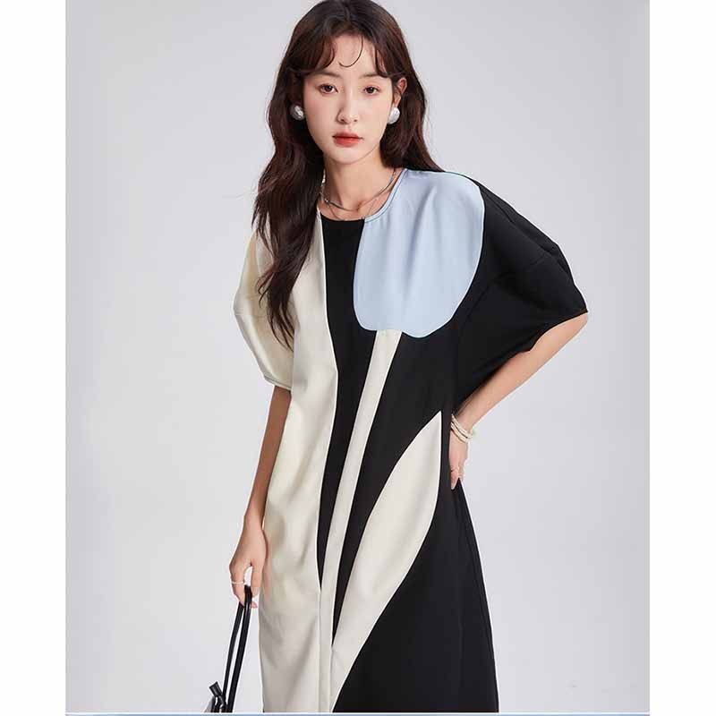 Ladies contrasting color patchwork short sleeved loose fitting dress for women's clothing with a sense of luxury