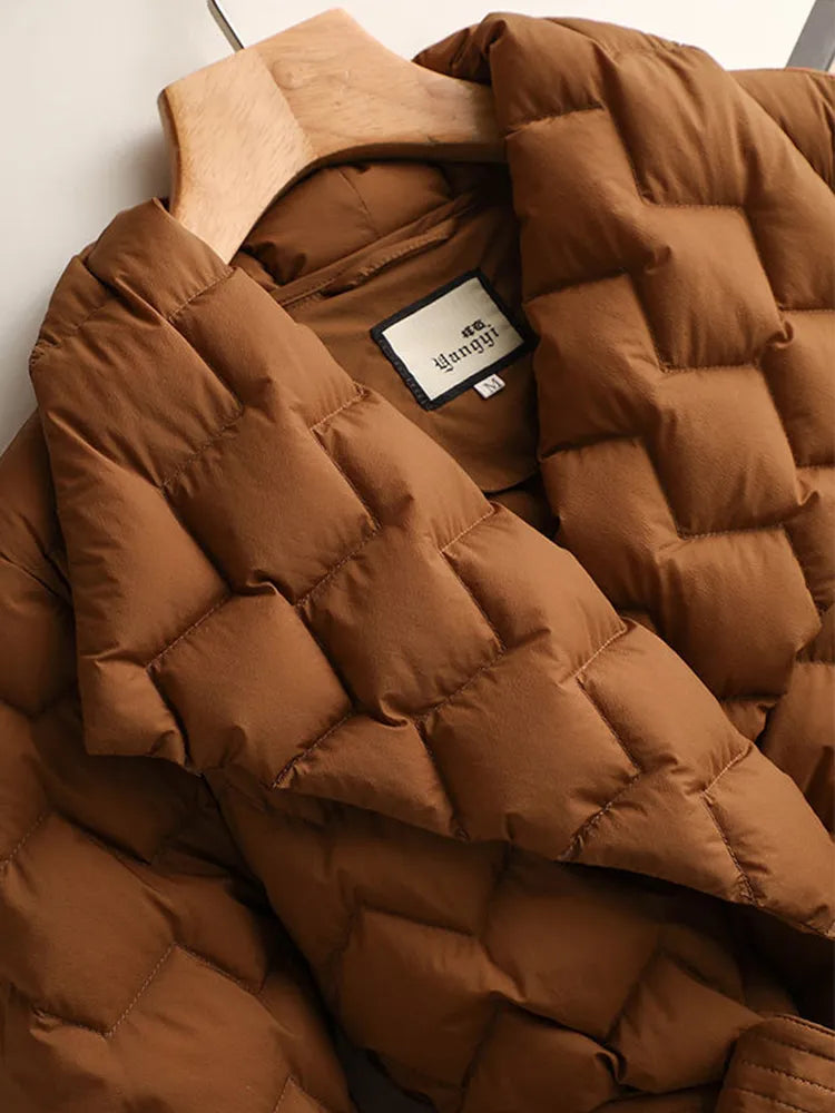 Winter New Lightweight Down Jacket with Belt Women Elegant Tie Belt Long Cotton White Duck Down Parka Female Ladies Jackets